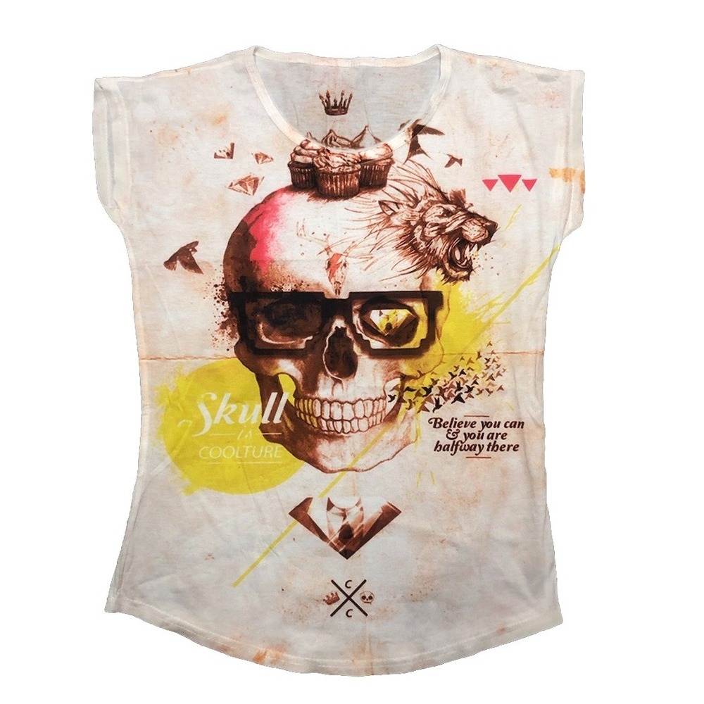 Skull Is Coolture T Shirt Women's M White‎ Airbrush Design Art Y2K